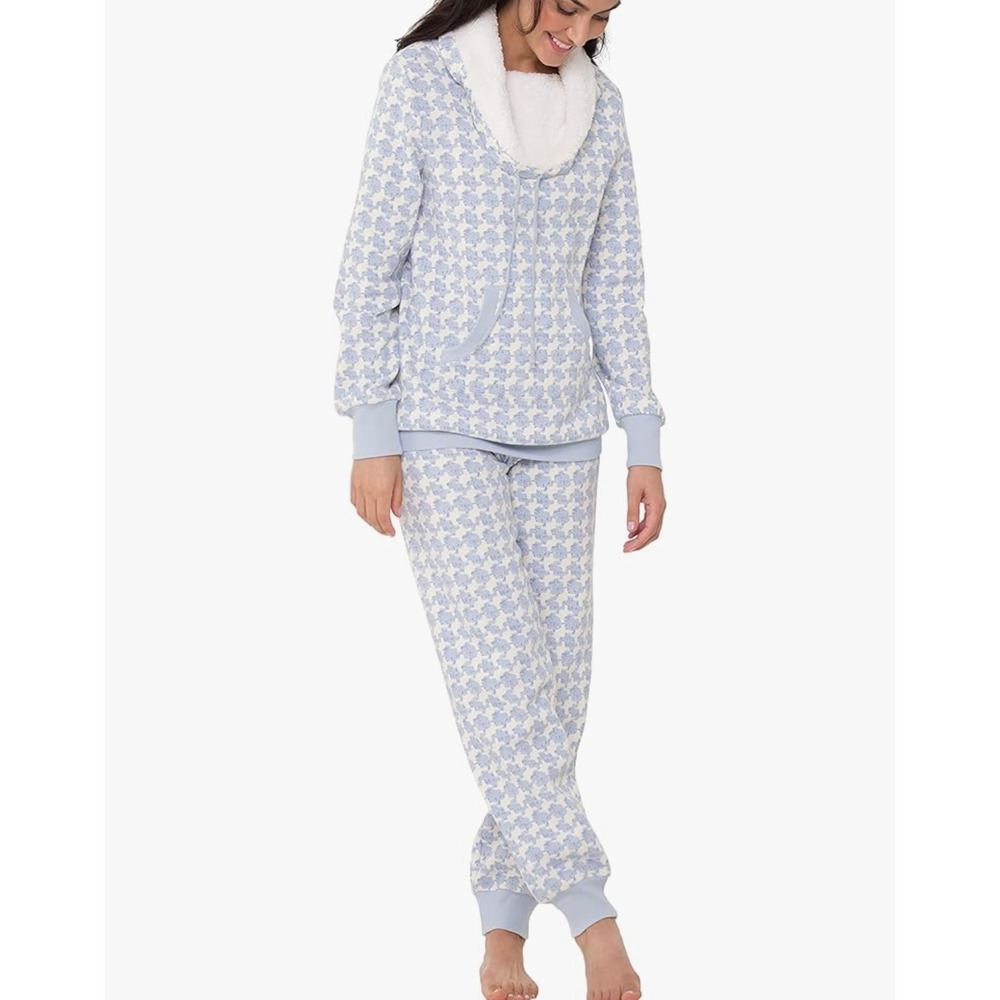 PajamaGram Blue Floral Houndstooth Pajama Set Sherpa Cowl Neck NWT
